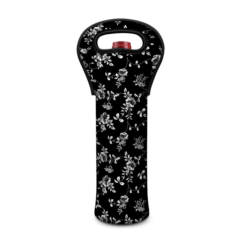 Black And White Flower Print Single Neoprene Wine Tote