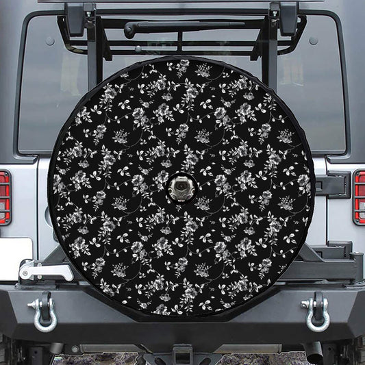Black And White Flower Print Tire Cover With Camera Hole