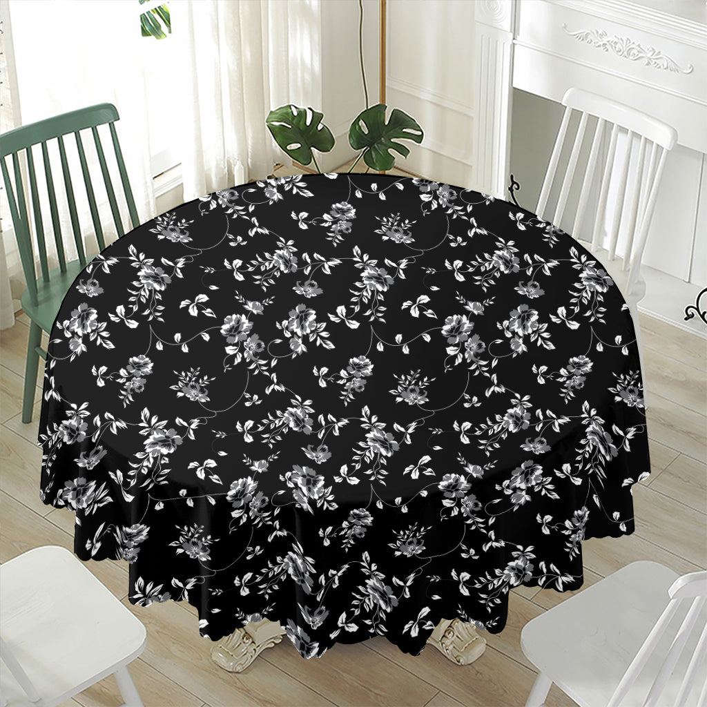 Black And White Flower Print Waterproof Round Tablecloth