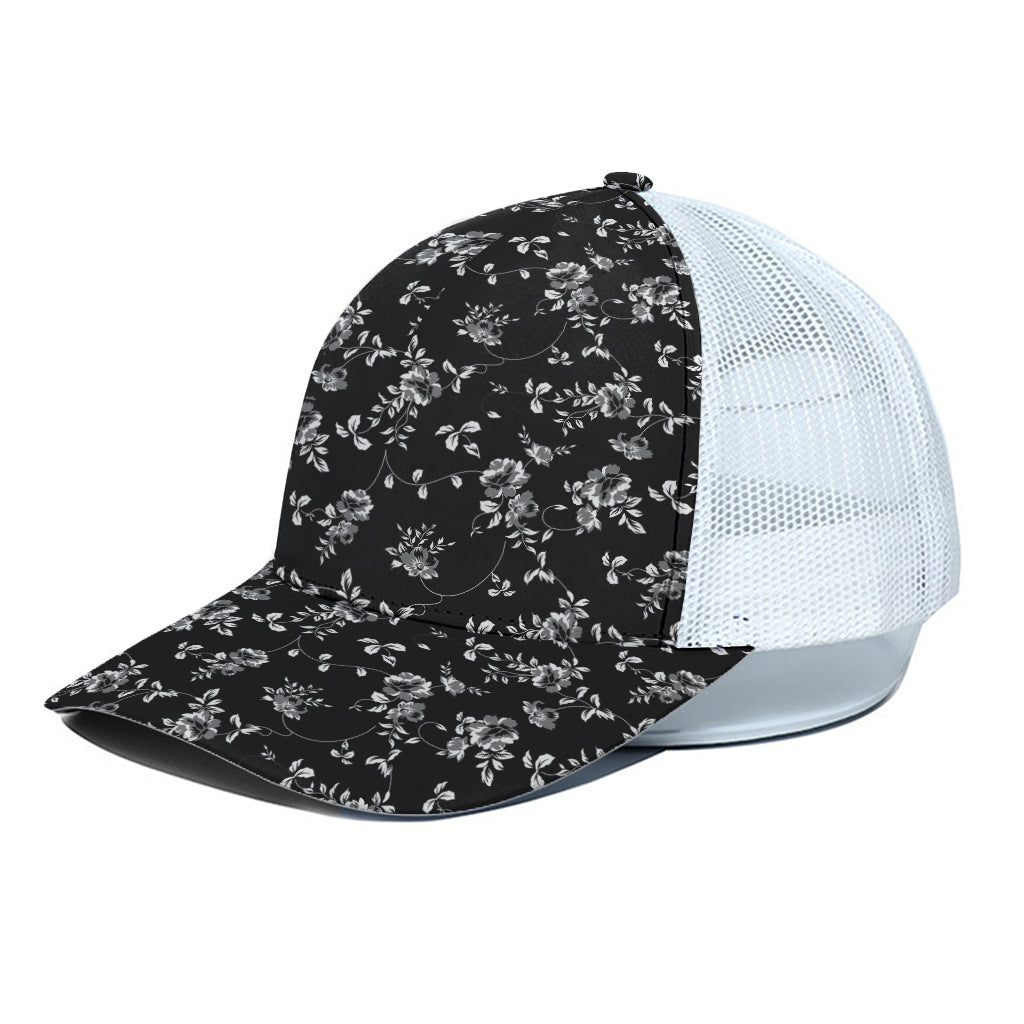 Black And White Flower Print White Mesh Trucker Cap