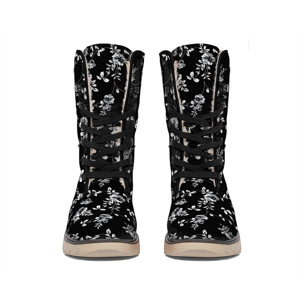 Black And White Flower Print Winter Boots