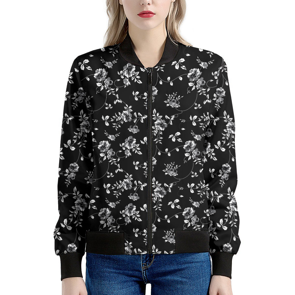 Black And White Flower Print Women's Bomber Jacket