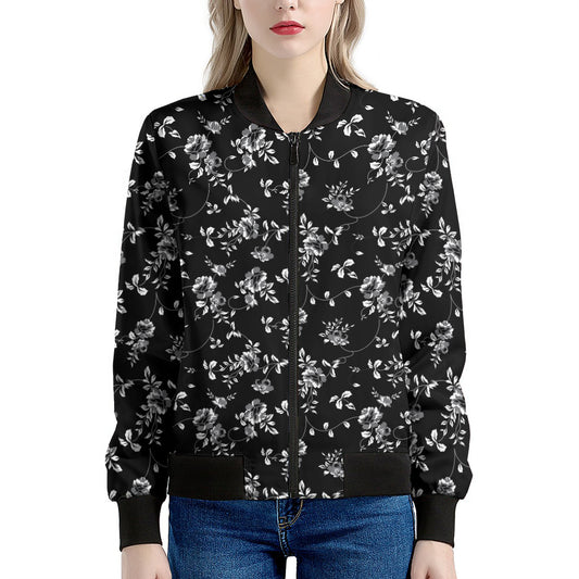 Black And White Flower Print Women's Bomber Jacket