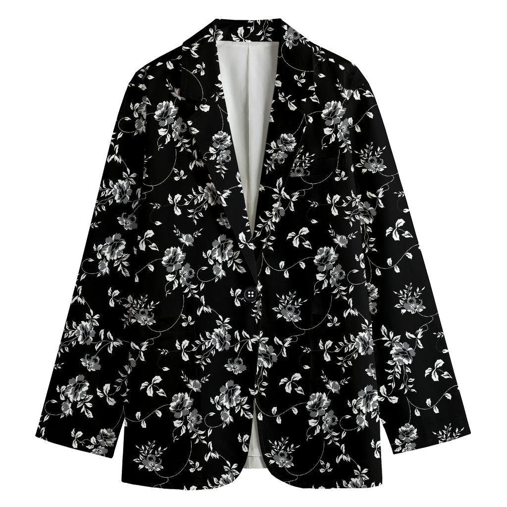 Black And White Flower Print Women's Cotton Blazer
