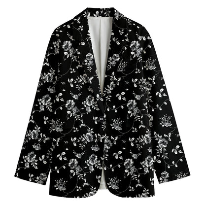 Black And White Flower Print Women's Cotton Blazer