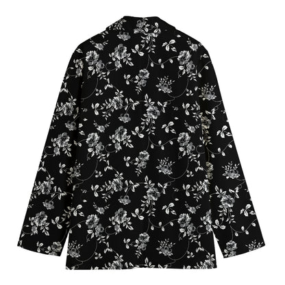 Black And White Flower Print Women's Cotton Blazer