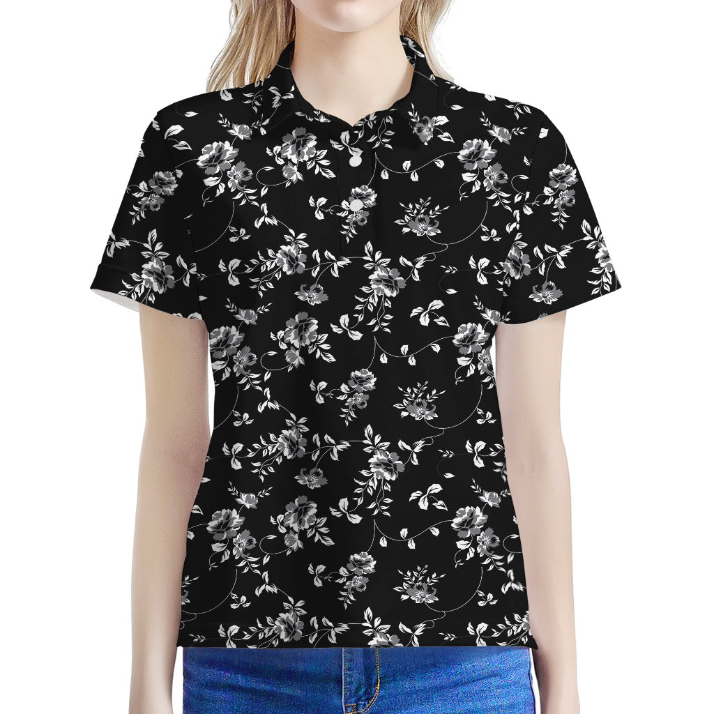 Black And White Flower Print Women's Polo Shirt