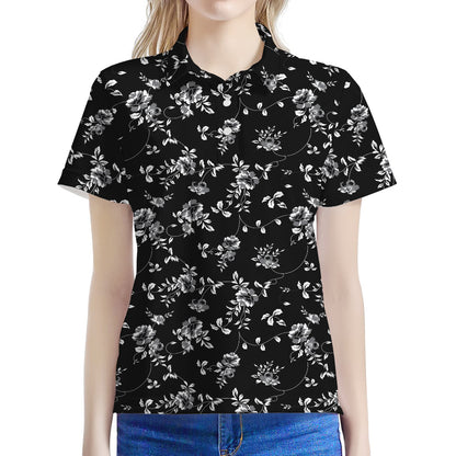 Black And White Flower Print Women's Polo Shirt
