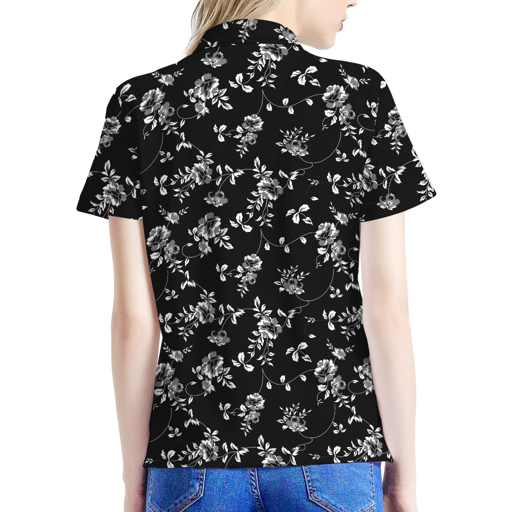 Black And White Flower Print Women's Polo Shirt