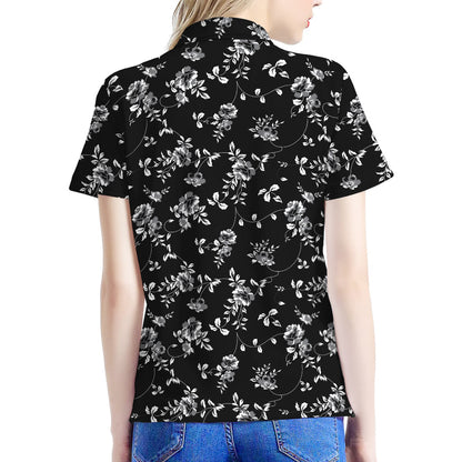Black And White Flower Print Women's Polo Shirt