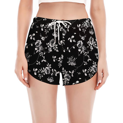 Black And White Flower Print Women's Split Running Shorts