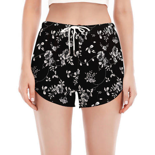 Black And White Flower Print Women's Split Running Shorts
