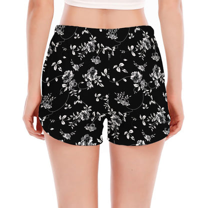 Black And White Flower Print Women's Split Running Shorts