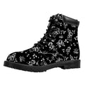 Black And White Flower Print Padded Collar Lace Up Boots