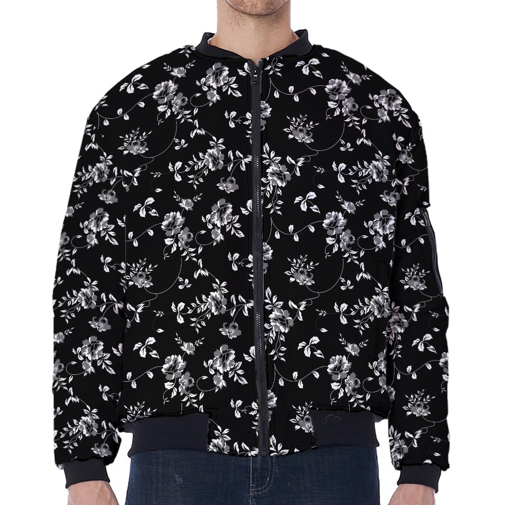 Black And White Flower Print Zip Sleeve Bomber Jacket