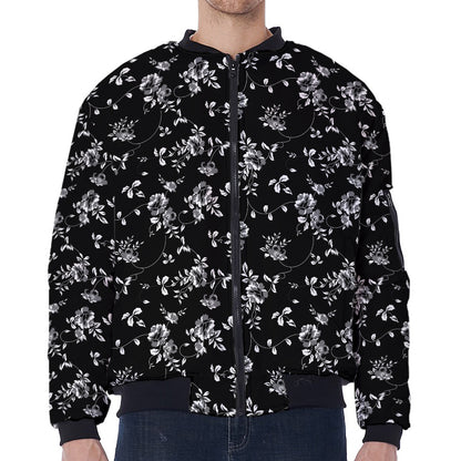 Black And White Flower Print Zip Sleeve Bomber Jacket