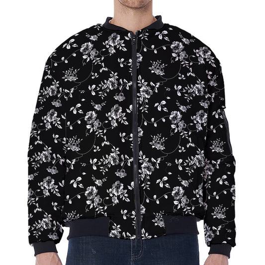 Black And White Flower Print Zip Sleeve Bomber Jacket