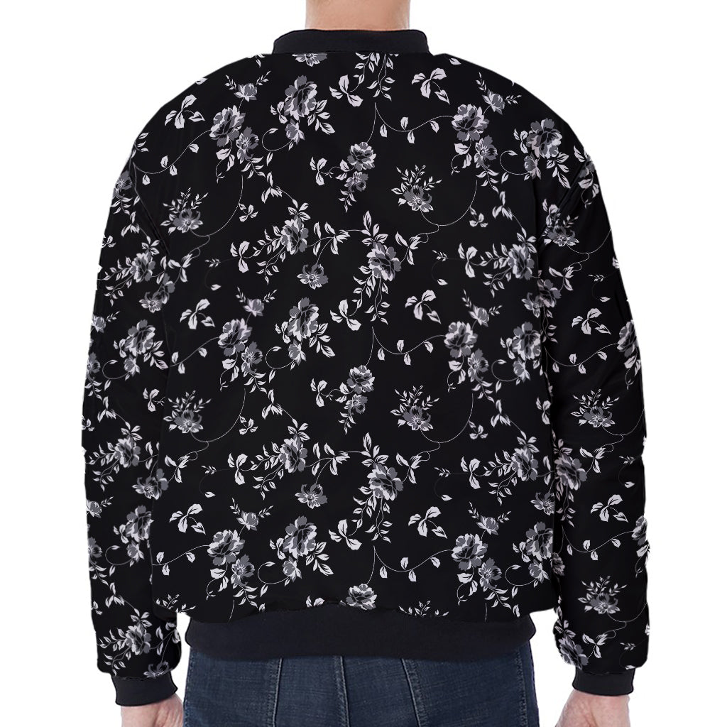 Black And White Flower Print Zip Sleeve Bomber Jacket