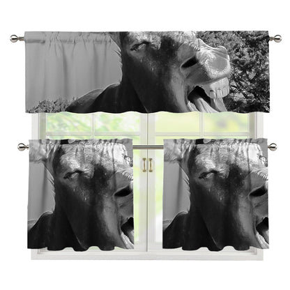 Black And White Funny Donkey Print 3 Piece Kitchen Curtains