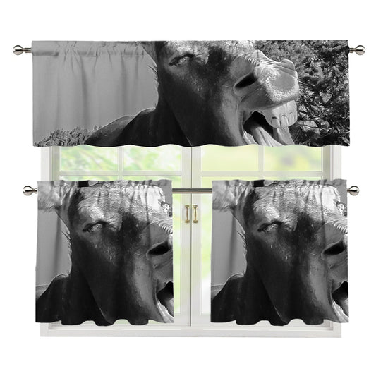 Black And White Funny Donkey Print 3 Piece Kitchen Curtains