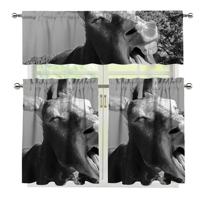 Black And White Funny Donkey Print 3 Piece Kitchen Curtains
