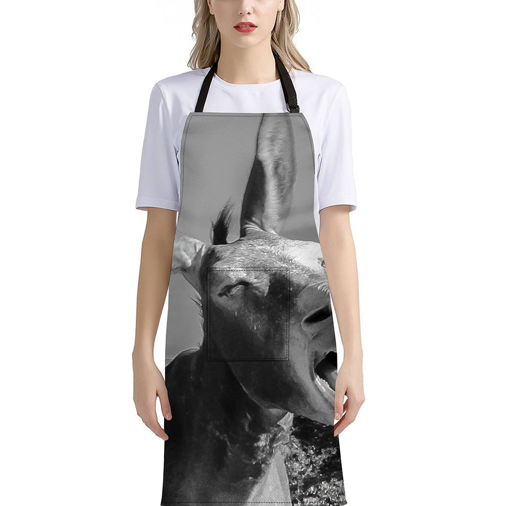 Black And White Funny Donkey Print Bib Apron With Pocket