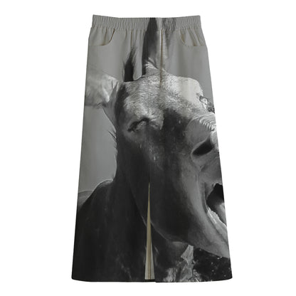 Black And White Funny Donkey Print Cotton Front Slit Maxi Skirt
