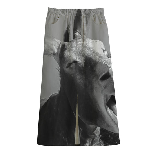 Black And White Funny Donkey Print Cotton Front Slit Maxi Skirt