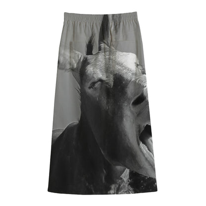 Black And White Funny Donkey Print Cotton Front Slit Maxi Skirt