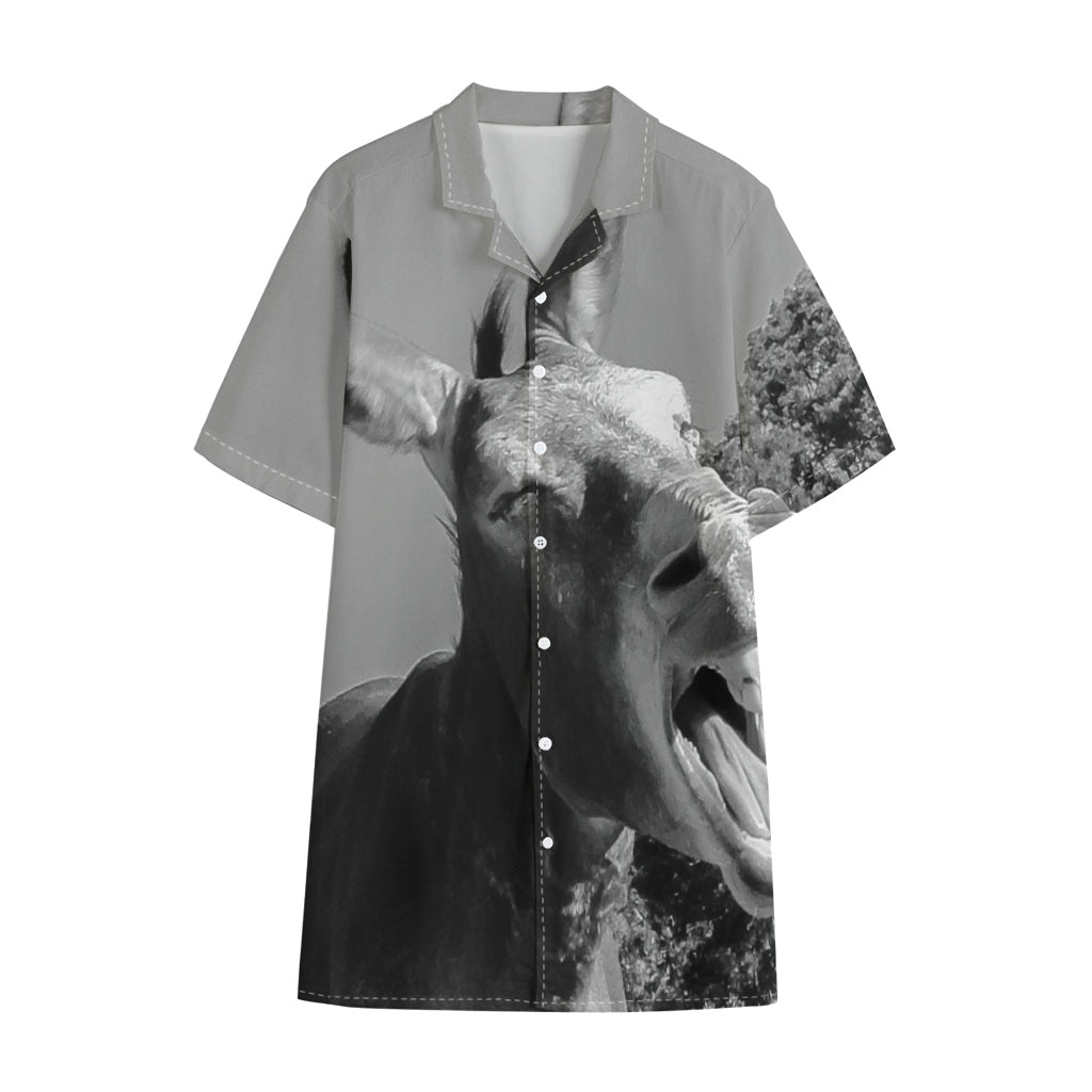 Black And White Funny Donkey Print Cotton Hawaiian Shirt