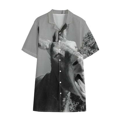 Black And White Funny Donkey Print Cotton Hawaiian Shirt