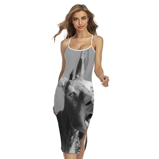 Black And White Funny Donkey Print Cross Back Cami Dress