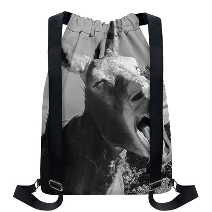 Black And White Funny Donkey Print Drawstring Backpack