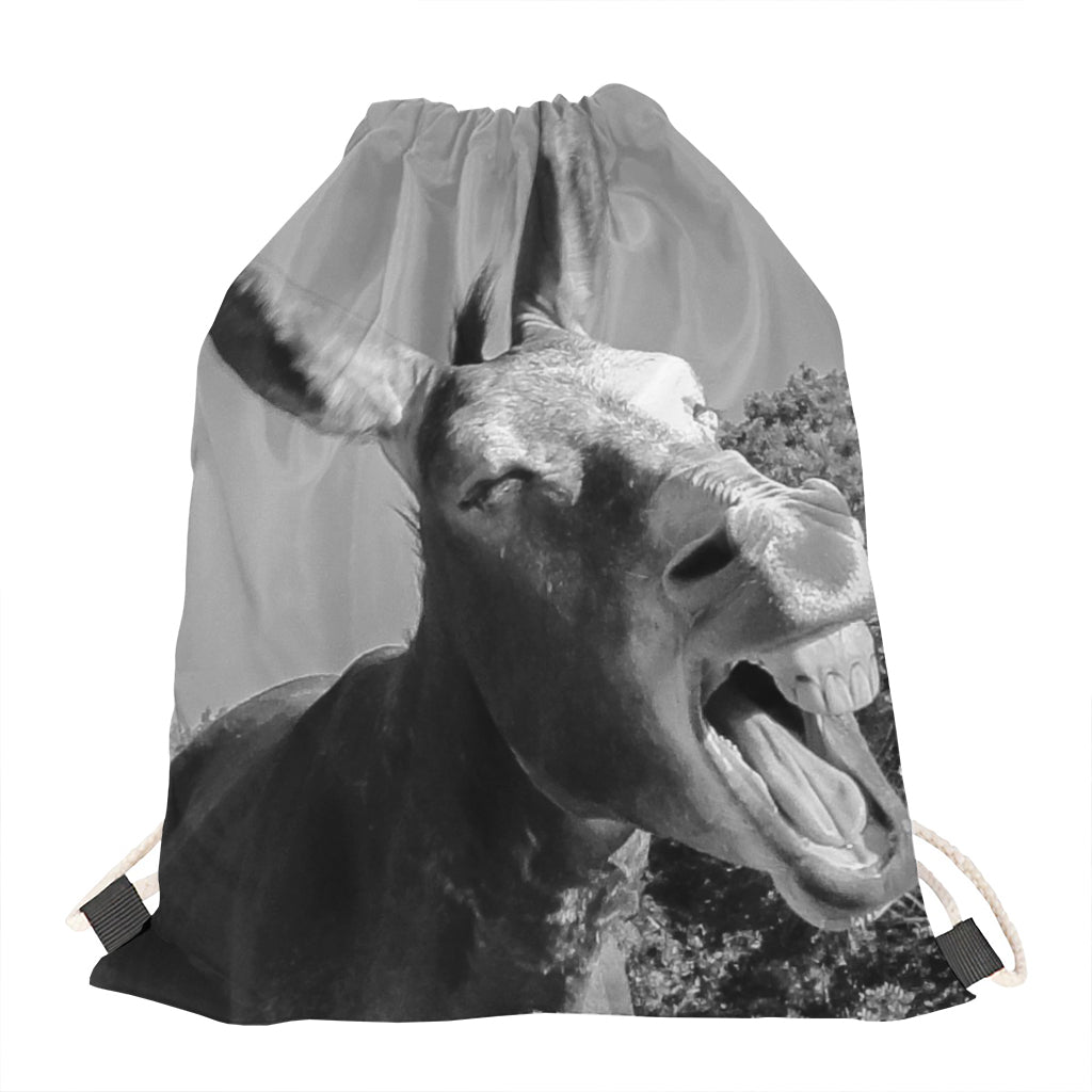 Black And White Funny Donkey Print Drawstring Bag