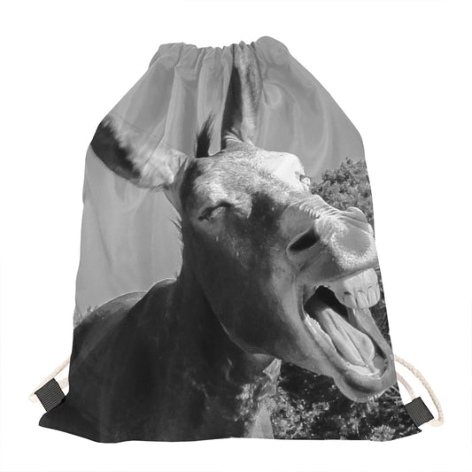 Black And White Funny Donkey Print Drawstring Bag