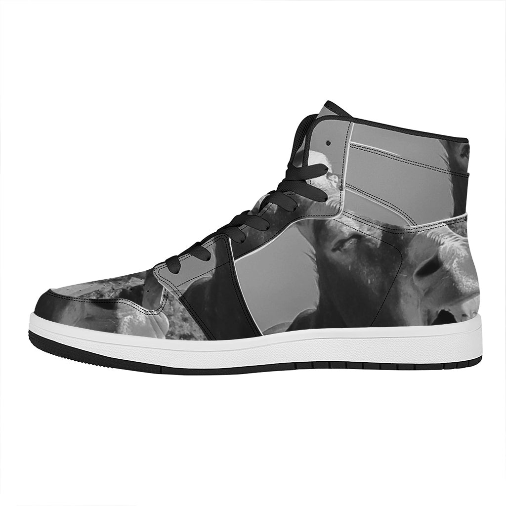 Black And White Funny Donkey Print High Top Leather Sneakers