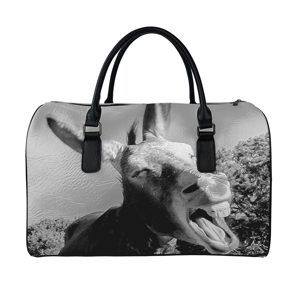 Black And White Funny Donkey Print Leather Duffle Bag