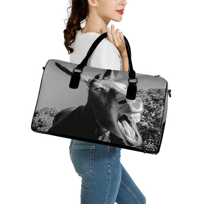 Black And White Funny Donkey Print Leather Duffle Bag