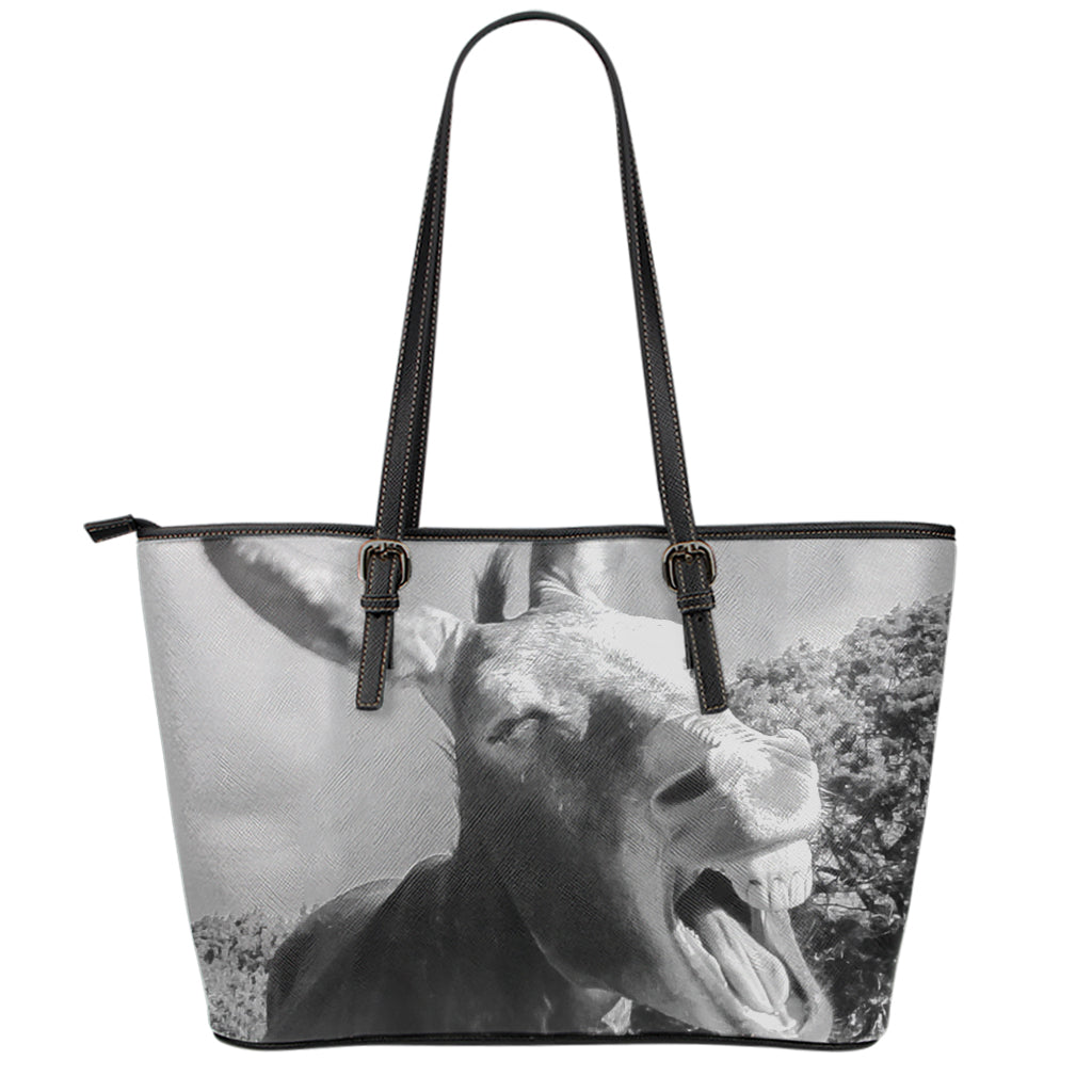 Black And White Funny Donkey Print Leather Tote Bag