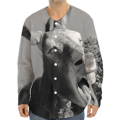 Black And White Funny Donkey Print Long Sleeve Baseball Jersey