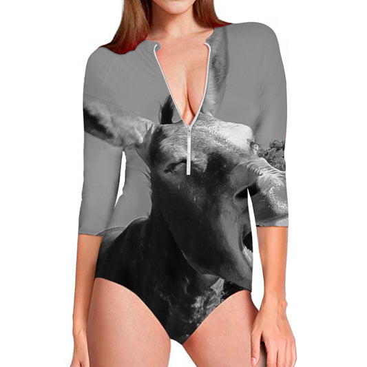 Black And White Funny Donkey Print Long Sleeve Swimsuit