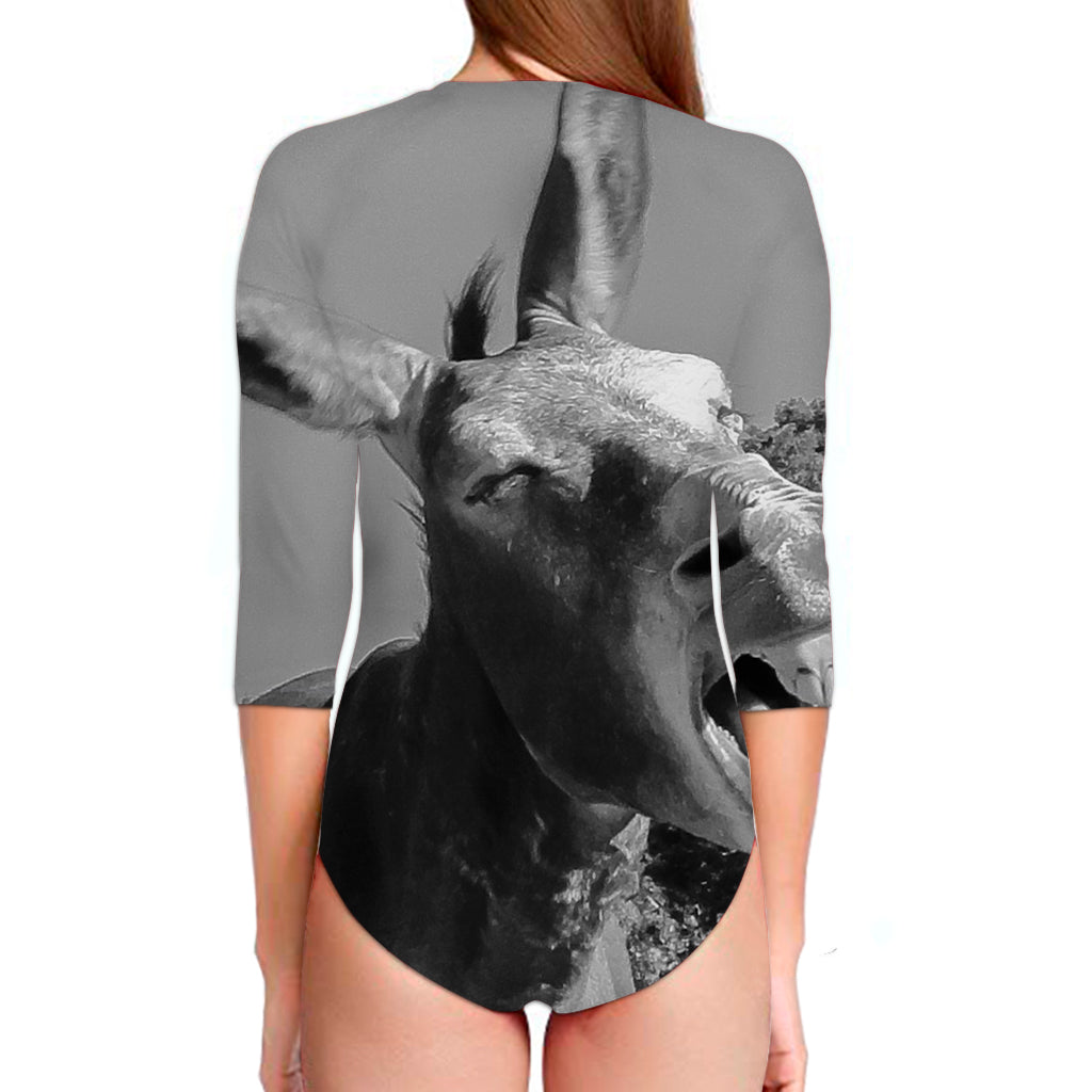 Black And White Funny Donkey Print Long Sleeve Swimsuit