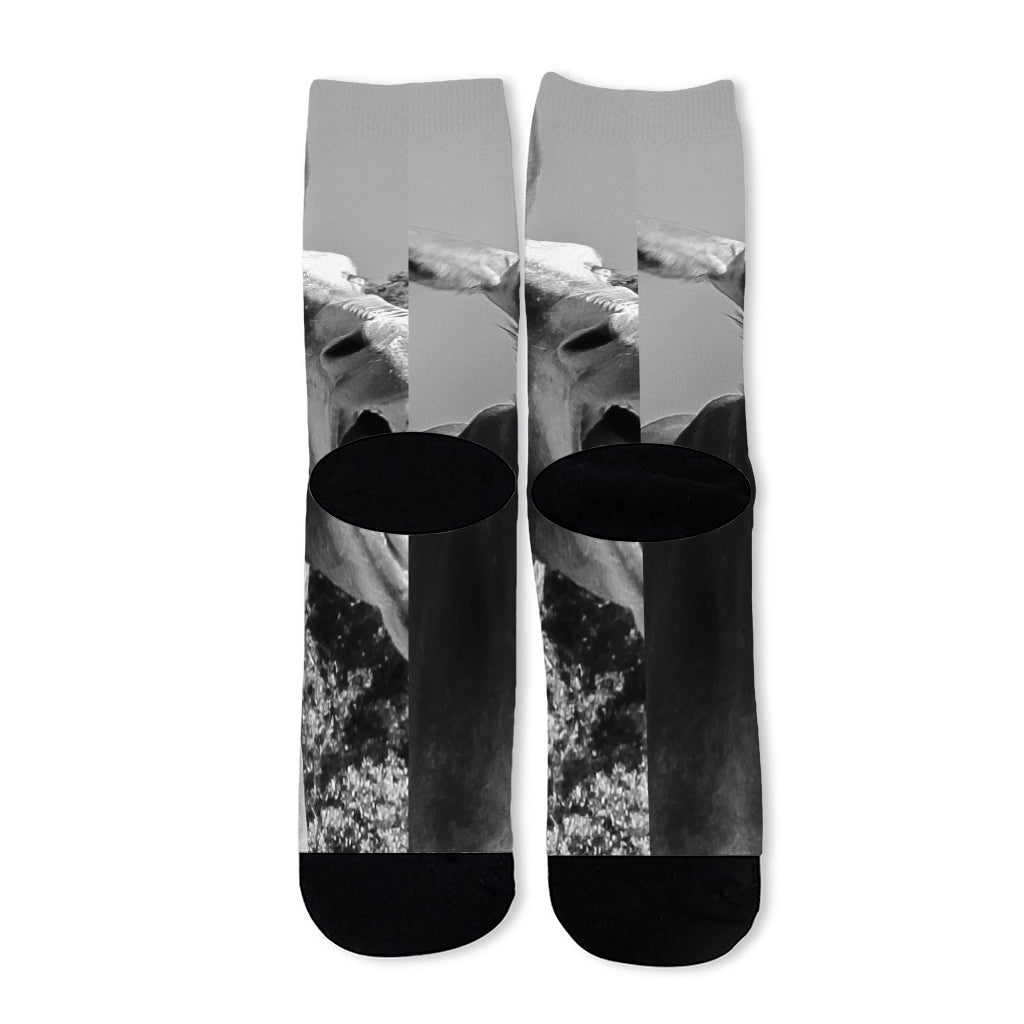 Black And White Funny Donkey Print Long Socks