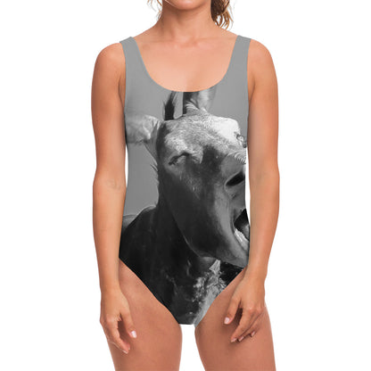 Black And White Funny Donkey Print One Piece Swimsuit