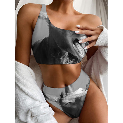 Black And White Funny Donkey Print One Shoulder Bikini Top