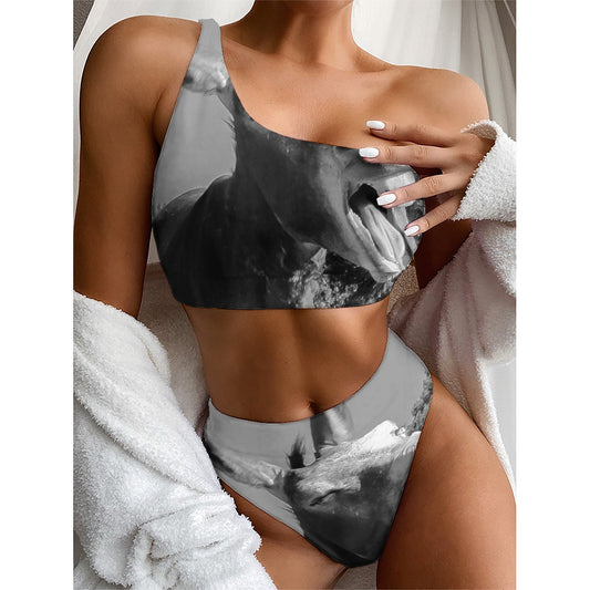 Black And White Funny Donkey Print One Shoulder Bikini Top