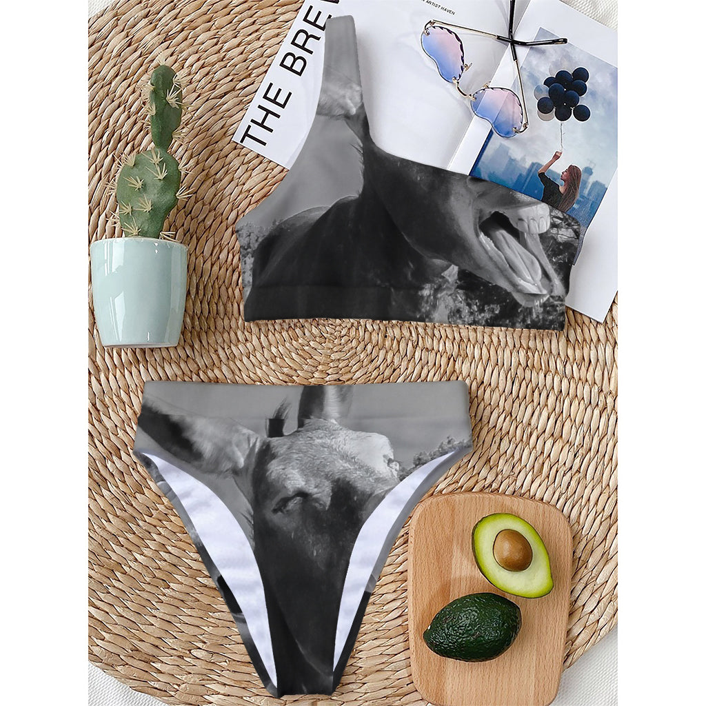 Black And White Funny Donkey Print One Shoulder Bikini Top