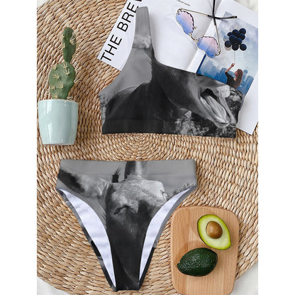 Black And White Funny Donkey Print One Shoulder Bikini Top