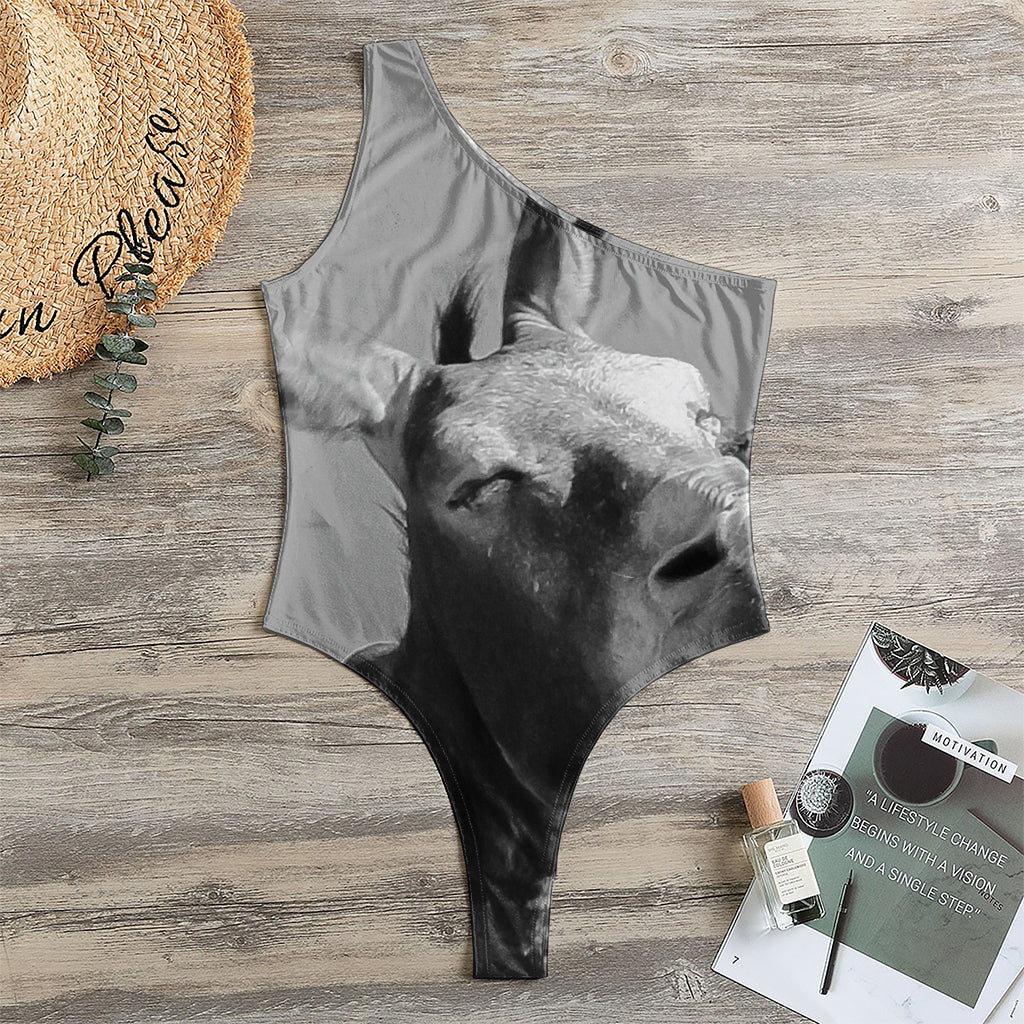 Black And White Funny Donkey Print One Shoulder Bodysuit
