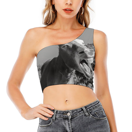 Black And White Funny Donkey Print One Shoulder Crop Top